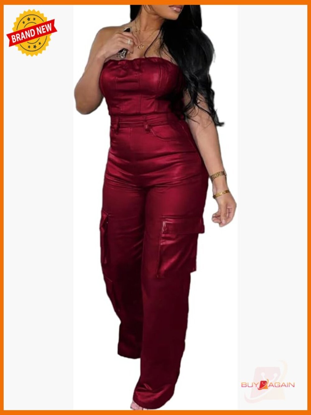 Off Shoulder PU Leather Jumpsuit Sexy Cargo Bodysuit Stretchy